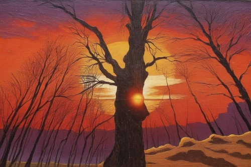 halloween bare trees,red sun,red tree,oil painting on canvas,forest landscape,dune landscape,oil painting,burning bush,tangerine tree,painted tree,sun burning wood,winter landscape,oil on canvas,desert landscape,burnt tree,goodsell,orange sky,glass painting,isolated tree,art painting,Illustration,Realistic Fantasy,Realistic Fantasy 21