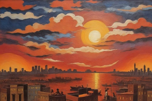 oil painting on canvas,oil on canvas,red sun,rising sun,oil painting,art painting,unset,city scape,manhattan skyline,cityscape,coast sunset,city skyline,new york harbor,orange sky,galatasary,tequila sunrise,apocalyptic,new york skyline,cityscapes,oil paint,Illustration,Realistic Fantasy,Realistic Fantasy 21