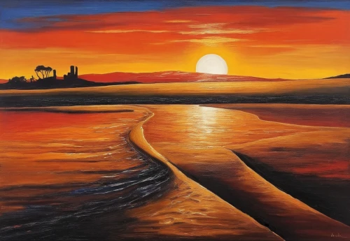 coast sunset,beach landscape,oil painting on canvas,coastal landscape,desert landscape,sea landscape,seascape,painting technique,oil on canvas,oil painting,desert desert landscape,dune landscape,sunset beach,burned pier,an island far away landscape,orange sky,pittura,paisaje,landscape with sea,art painting,Illustration,Realistic Fantasy,Realistic Fantasy 21