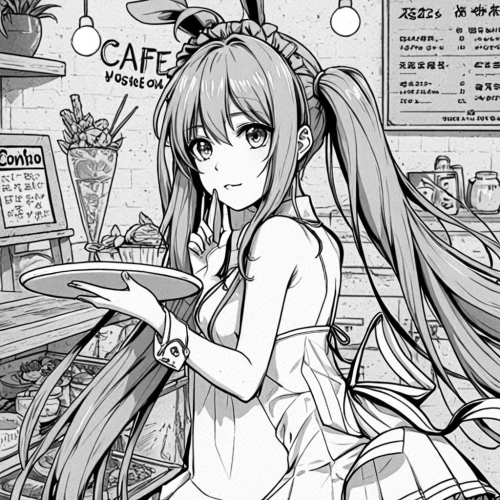 horo,sanae,cash register,hatsune,mikuriya,yakisoba,oneko,cybercafe,cashier,tohru,mononobe,murasame,comiket,cybercafes,hatsune miku,barista,salesgirl,mikus,sorokina,nesuhi,Design Sketch,Design Sketch,Black and white Comic