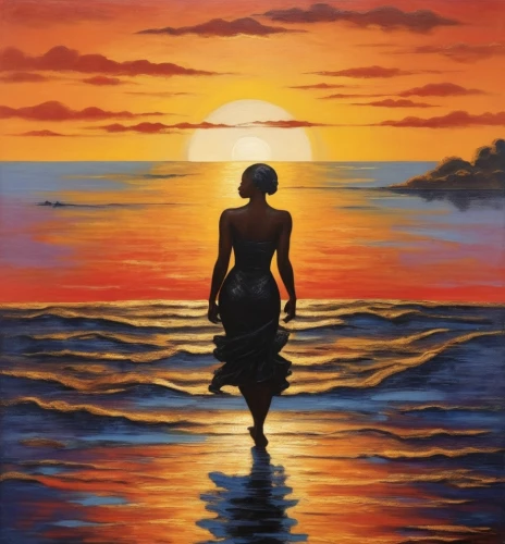 mermaid silhouette,woman silhouette,silhouette art,man at the sea,oil painting on canvas,sun and sea,sunset,oil painting,art silhouette,oshun,art painting,el mar,kahanamoku,sunset beach,beach background,sun salutation,sunrise beach,sunset glow,world digital painting,coast sunset,Illustration,Realistic Fantasy,Realistic Fantasy 21