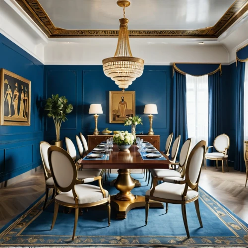 dining room table,blue room,dining room,dining table,royal blue,navy blue,dark blue and gold,breakfast room,mazarine blue,opulently,danish room,interior decoration,great room,opulent,fromental,interior design,banquette,decor,interior decor,navy,Photography,General,Realistic