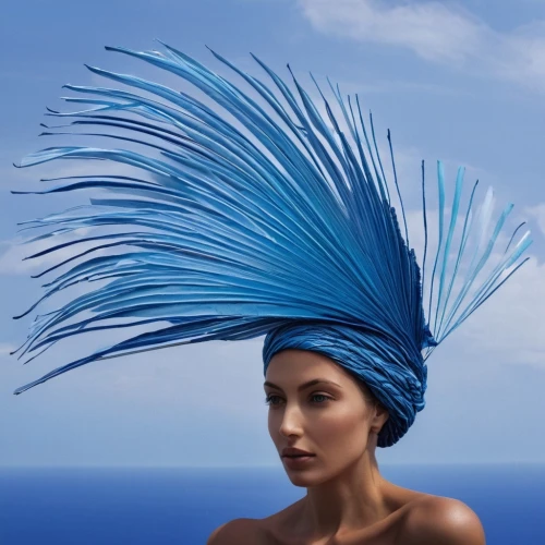 feather headdress,womans seaside hat,headdress,beautiful bonnet,blue hawaii,headress,the wind from the sea,wind machine,bonnet,woman's hat,jamiroquai,the hat of the woman,windblown,windswept,azzurro,asian conical hat,blue flax,headpiece,indian headdress,millinery,Photography,Fashion Photography,Fashion Photography 16