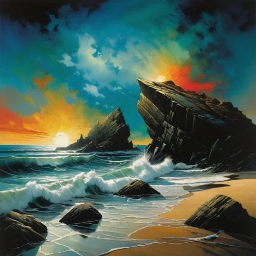 beach landscape,coastal landscape,sea landscape,seascape,black beach,coast sunset,rocky coast,dark beach,volcanic landscape,rocky beach,mountain beach,sunrise beach,seascapes,siggeir,dune landscape,landscape with sea,sunset beach,landscape background,beach scenery,sea beach-marigold,Illustration,Realistic Fantasy,Realistic Fantasy 29