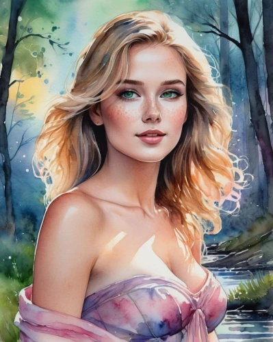 the blonde in the river,girl on the river,photo painting,watercolor background,world digital painting,behenna,fantasy portrait,art painting,ellinor,fantasy art,oil painting,watercolor painting,oil painting on canvas,kupala,jessamine,digital painting,lily-rose melody depp,landscape background,lopilato,watercolor pencils,Illustration,Paper based,Paper Based 25