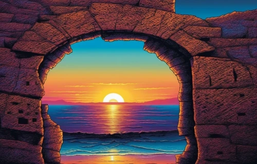 stone gate,greek island door,rock arch,windows wallpaper,archway,natural arch,window with sea view,sicily window,doorway,qaitbay,archways,coast sunset,heaven gate,beautiful wallpaper,hole in the wall,el arco,half arch,alcove,window to the world,doorways,Illustration,Realistic Fantasy,Realistic Fantasy 25
