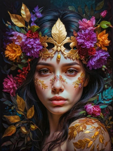 girl in a wreath,diwata,fantasy portrait,girl in flowers,kahila garland-lily,masquerade,persephone,wreath of flowers,kommuna,mystical portrait of a girl,golden wreath,fairie,flora,viveros,flower fairy,flower crown,fantasy art,floral wreath,elven flower,baoshun