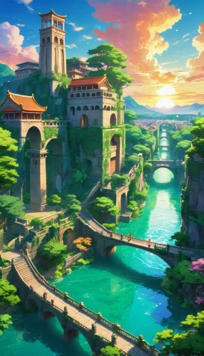 meteora,machico,kanto,ghibli,butka,ancient city,fantasy landscape,uzak,yoshikuni,yazaki,pokaski,dragon bridge,valentia,abdallahi,kiseki,kaitos,zagaria,fantasy city,rikkyo,studio ghibli,Illustration,Japanese style,Japanese Style 03