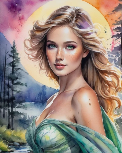 fantasy art,fantasy portrait,world digital painting,behenna,watercolor background,photo painting,art painting,boho art style,landscape background,faerie,fantasy picture,boho art,oil painting on canvas,watercolor pencils,watermelon painting,diwata,kupala,romantic portrait,watercolor painting,watercolor pin up,Illustration,Paper based,Paper Based 25