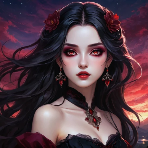 persephone,vampyres,vampire lady,fantasy portrait,vampy,vampyre,queen of hearts,vampire woman,fantasy art,melisandre,demoness,lilith,aradia,dhampir,behenna,black rose hip,fantasy picture,gothic woman,vampish,liliana,Illustration,Abstract Fantasy,Abstract Fantasy 14