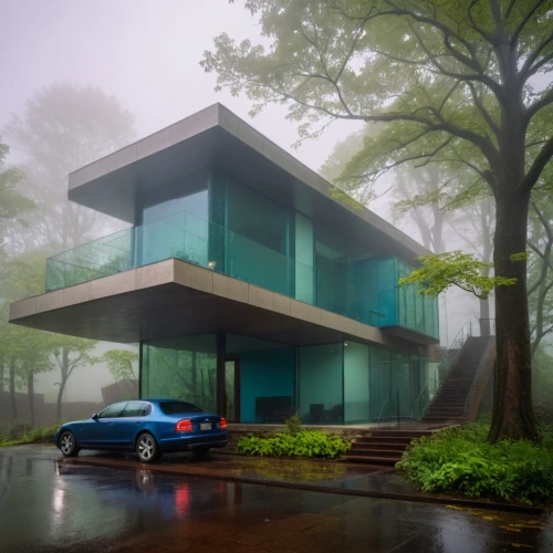 modern house,3d rendering,render,forest house,modern architecture,cubic house,cube house,renders,house in the forest,mid century house,dreamhouse,3d render,rainy,3d rendered,futuristic landscape,frame house,foggy,luxury home,rendered,futuristic architecture,Photography,General,Cinematic