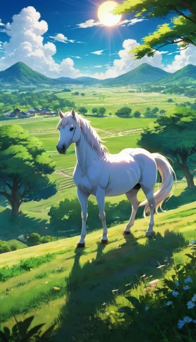 unicorn background,a white horse,epona,equine,white horse,albino horse,kirin,pegasys,dream horse,landscape background,painted horse,beautiful horses,colorful horse,horses,horse,pegasi,cheval,chevaux,unicorn art,pony farm,Illustration,Japanese style,Japanese Style 03