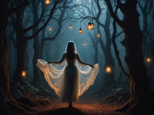 fantasy picture,galadriel,mystical portrait of a girl,halloween background,fantasia,halloween wallpaper,light bearer,llorona,beltane,oscura,fantasma,world digital painting,faerie,haunted forest,the mystical path,digital art,enchanted,ballerina in the woods,magical,the enchantress,Illustration,Realistic Fantasy,Realistic Fantasy 05