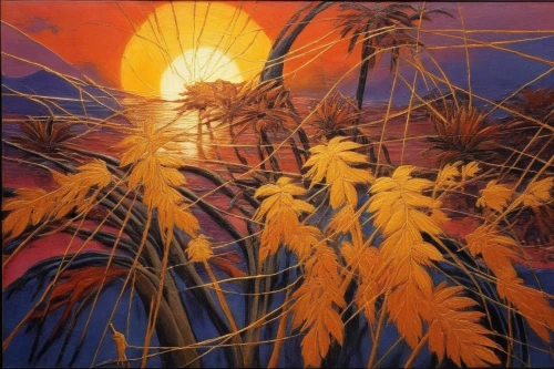 palmtrees,palm branches,palmettos,sun,oil painting on canvas,glass painting,sonoran,painting technique,reed grass,sunbursts,sonoran desert,oil on canvas,two palms,flower in sunset,palms,oil painting,palm trees,palmtops,palm silhouettes,art painting,Illustration,Realistic Fantasy,Realistic Fantasy 21