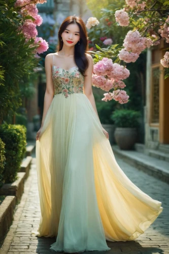 girl in a long dress,xiaoqing,yifei,bridal gown,yunjin,ao dai,wedding gown,bridal dress,hanbok,a floor-length dress,wedding dress,oriental princess,miss vietnam,xiaofei,vietnamese woman,ballgown,ball gown,evening dress,yellow garden,xueying