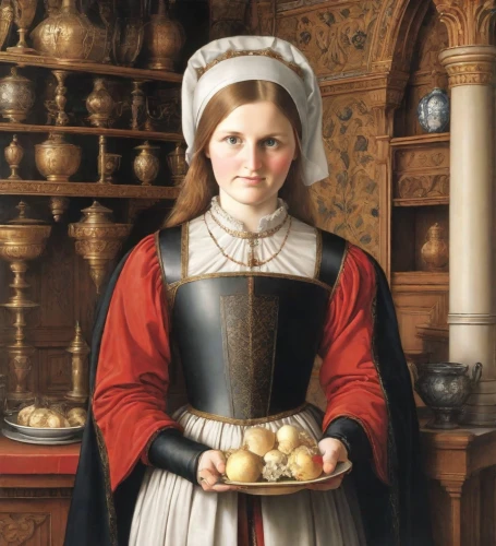 girl with bread-and-butter,woman holding pie,girl in the kitchen,maidservant,millais,perugini,woman with ice-cream,girl with cereal bowl,girl picking apples,religieuse,portrait of a girl,pysanka,nelisse,quail eggs,miniaturist,woman eating apple,timoshenko,scholastica,tudor,foodmaker,Digital Art,Classicism