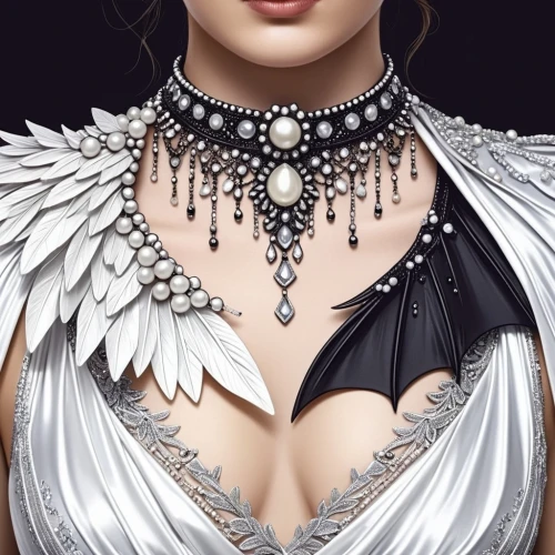 mourning swan,embellished,breastplate,black swan,derivable,queen of the night,maxon,adornment,white swan,dark angel,decolletage,sigyn,noblewoman,filigree,white rose snow queen,valkyrie,breastplates,necklines,pearl necklace,corseted,Photography,General,Realistic
