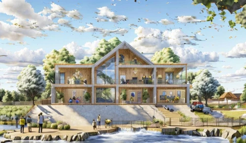 ecovillages,stilt houses,house with lake,cohousing,ecovillage,stilt house,timber house,floating huts,cube stilt houses,treehouses,3d rendering,wooden house,log home,house by the water,tree house hotel,renderings,boathouses,houseboat,ecotopia,ifrane