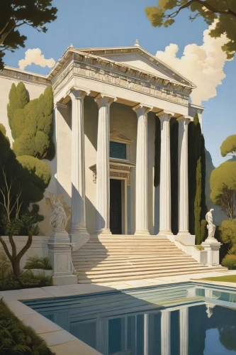 neoclassical,greek temple,palladian,neoclassicist,neoclassicism,palladianism,doric columns,zappeion,house with caryatids,neoclassic,marble palace,classicist,peristyle,artemis temple,doric,halicarnassus,mansions,the parthenon,classicism,mansion,Illustration,Retro,Retro 15