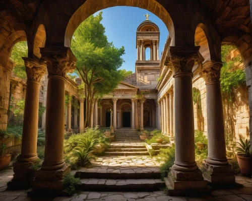 theed,alhambra,dorne,alcazar of seville,monastery garden,temple of diana,archways,belchite,cortile,greek temple,giarratano,merida,taormina,cloistered,samothrace,sapienza,sicily,granada,dolmabahce,deruta,Art,Classical Oil Painting,Classical Oil Painting 06