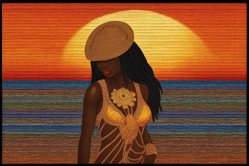 yellow sun hat,sundancer,girl on the dune,oshun,hinemoa,woman silhouette,azilah,sun,ordinary sun hat,high sun hat,sunchaser,tropico,african woman,sun bride,sunquest,sun god,sun hat,tahitian,ancient egyptian girl,baoshun,Illustration,Realistic Fantasy,Realistic Fantasy 21