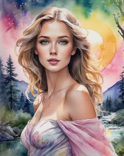 world digital painting,fantasy portrait,fantasy art,photo painting,galadriel,faerie,fantasy picture,watercolor background,faery,fairie,jessamine,digital painting,art painting,behenna,landscape background,margaery,colorful background,portrait background,celtic woman,boho art style,Illustration,Paper based,Paper Based 25