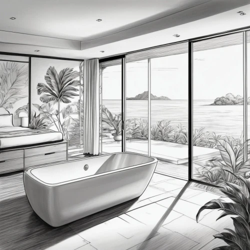 luxury bathroom,modern minimalist bathroom,luxury home interior,waterview,interior modern design,oceanview,bagno,bath room,japanese-style room,modern room,luxury property,bathtub,penthouses,ocean view,contemporary decor,interior design,oceanfront,ensuite,bathtubs,modern decor,Illustration,Black and White,Black and White 30