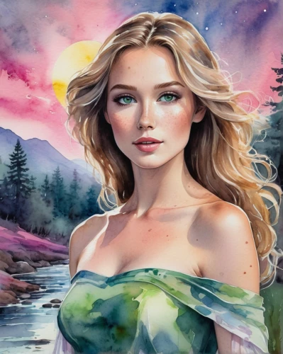 celtic woman,galadriel,fantasy art,fantasy portrait,the blonde in the river,girl on the river,photo painting,fantasy picture,world digital painting,margaery,margairaz,watercolor background,landscape background,art painting,behenna,watercolor women accessory,romantic portrait,lopilato,fantasy woman,tuatha,Illustration,Paper based,Paper Based 25