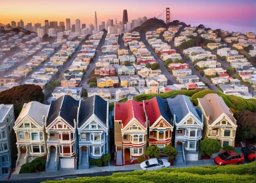 san francisco,sanfrancisco,sf,sausalito,row houses,duboce,houses clipart,row of houses,boardinghouses,wooden houses,taraval,microdistrict,suburbanization,moc chau hill,oaksterdam,suburbanized,microstock,divisadero,transamerica,miniature house,Illustration,Paper based,Paper Based 04