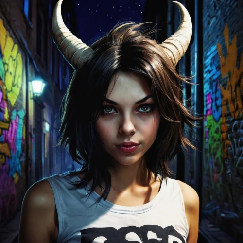 girl in t-shirt,demoness,marla,devil,horns,croft,lydia,horned,derivable,demona,bedevil,taurus,portrait background,bad girl,devi,erma,devilbiss,demonomicon,cora,demonata,Illustration,Realistic Fantasy,Realistic Fantasy 02