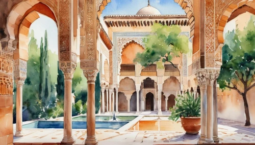 alhambra,alcazar of seville,meknes,deruta,umayyad palace,kashan,caravanserais,la kasbah,isfahan,esfahan,kasbah,alcazaba,alcazar,persian architecture,mamounia,mezquita,riad,caravanserai,andalus,marrakech,Illustration,Paper based,Paper Based 25