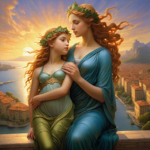 frigga,rhinemaidens,celtic woman,matriarchs,fantasy picture,maenads,canonesses,little girl and mother,reinas,priestesses,amphitrite,hesperides,faery,melian,greek mythology,garamantes,mother and daughter,romantic portrait,aloeides,emile vernon,Conceptual Art,Fantasy,Fantasy 28