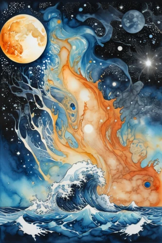amaterasu,koi fish,koi,moon and star background,aquarius,ocean background,fire and water,whirlwinds,space art,starry night,samudra,lunar landscape,stars and moon,ocean waves,falling stars,okami,the moon and the stars,koi pond,fantasy picture,galatasary,Illustration,Black and White,Black and White 34
