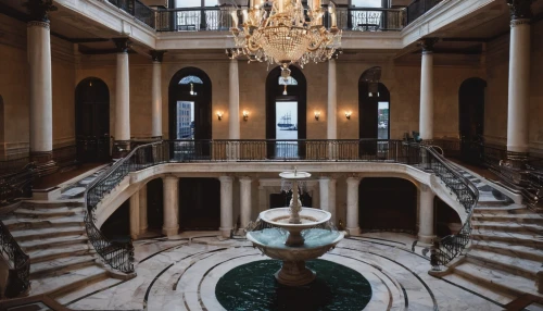 palladianism,floor fountain,foyer,ritzau,teylers,mirogoj,entrance hall,grandeur,europe palace,royal interior,venetian hotel,marble palace,kurhaus,palazzo,staircase,paradores,kempinski,crown palace,palatial,ornate,Illustration,Black and White,Black and White 12