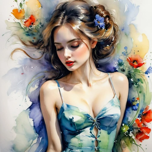 watercolor pin up,flower fairy,faerie,faery,fairy queen,fairy,watercolor painting,fairie,watercolor wreath,blue butterflies,viveros,watercolor blue,girl in flowers,girl in a wreath,watercolor,flower painting,watercolor pencils,ulysses butterfly,watercolor flowers,blue hydrangea,Illustration,Paper based,Paper Based 11