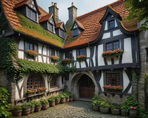 medieval street,knight village,medieval town,escher village,witch's house,maplecroft,townscapes,highstein,tavern,shire,houses clipart,traditional house,crooked house,half-timbered house,tudor,quedlinburg,cottages,ancient house,riftwar,knight house,Illustration,Realistic Fantasy,Realistic Fantasy 19