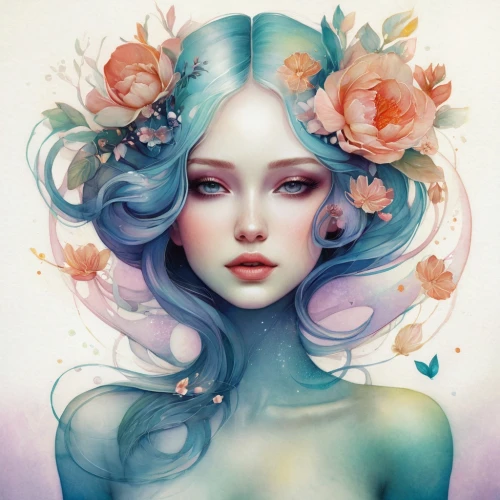 naiad,persephone,amphitrite,flower fairy,viveros,faery,fantasy portrait,karou,faerie,undine,mermaid vectors,fairie,elven flower,melusine,kommuna,the zodiac sign pisces,krita,cosmic flower,hesperides,seelie,Illustration,Realistic Fantasy,Realistic Fantasy 15