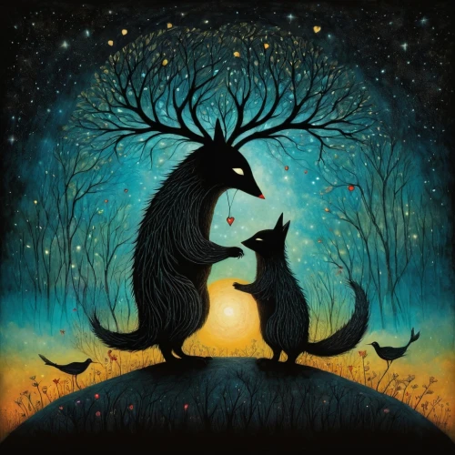 two cats,sun and moon,familiars,cat tree of life,kittelsen,cats in tree,vulpecula,cat lovers,whimsical animals,two wolves,samhain,fox and hare,wolf couple,starclan,shadowclan,cat love,animal silhouettes,cat silhouettes,deer illustration,animaux,Illustration,Abstract Fantasy,Abstract Fantasy 19