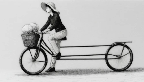 woman bicycle,velocipede,quadricycle,hand cart,bicyclette,carrozza,blue pushcart,pushcart,pedlar,trishaw,handcart,cantered,straw cart,peddling,rickshaw,brompton,cyclecar,bike basket,pannier,bicycle,Illustration,Black and White,Black and White 16