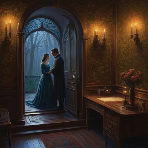 romantic portrait,cinderella,romantic scene,elopement,serenata,the threshold of the house,serenade,a fairy tale,fantasy picture,young couple,hildebrandt,wedding couple,fairy tale,inamorata,victorian room,blue room,habanera,rendezvous,romantic night,the little girl's room,Illustration,Realistic Fantasy,Realistic Fantasy 27