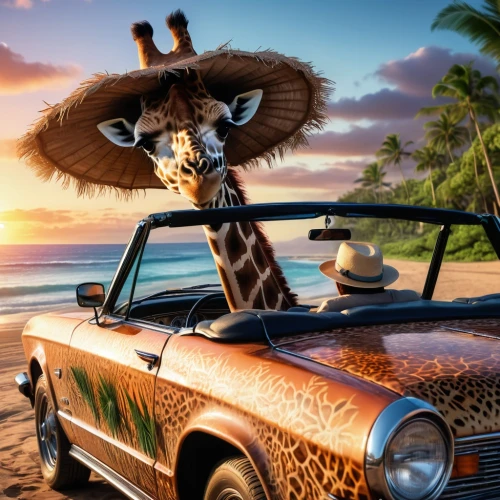madagascan,madagascans,melman,madagascar,classic car and palm trees,kemelman,tropical animals,cuba background,giraffa,tropics,safari,tropicalia,giraffes,giraffe,lipumba,two giraffes,whimsical animals,safaris,afrotropical,hood ornament,Illustration,Realistic Fantasy,Realistic Fantasy 47