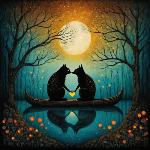 halloween illustration,samhain,halloween owls,halloween poster,halloween background,halloween cat,couple boy and girl owl,halloween wallpaper,romantic scene,cat lovers,halloween silhouettes,wolf couple,cat love,totoro,moonlit night,kittelsen,two cats,nacht,romantic night,pawlowicz,Illustration,Abstract Fantasy,Abstract Fantasy 19