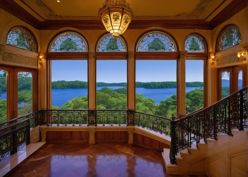 lake view,balcony,luxury home interior,big window,breakfast room,foyer,dining room,front porch,great room,window view,keowee,outside staircase,entryway,veranda,mansion,palladianism,glass window,lake monroe,home interior,ozarka,Illustration,Japanese style,Japanese Style 21