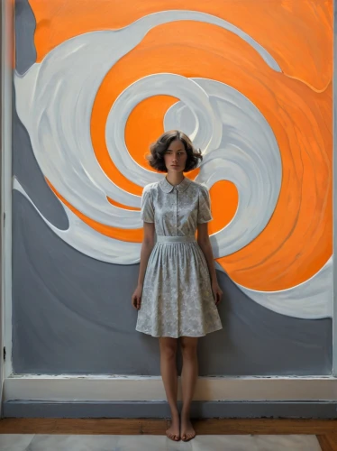 orange blossom,dance with canvases,swirled,swirling,coral swirl,swirly,whirling,spiral art,wall paint,wall painting,circle paint,muralist,swirl,painted wall,girl with a wheel,meticulous painting,chalk drawing,effortlessness,spinaway,orange,Illustration,Vector,Vector 12