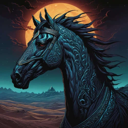 black horse,darkhorse,bucephalus,bronze horseman,colorful horse,arabian horse,sleipnir,nikorn,equine,painted horse,fire horse,pegasys,alpha horse,cheval,nighthorse,windhorse,equus,unicorn background,simorgh,horseman,Illustration,Realistic Fantasy,Realistic Fantasy 25