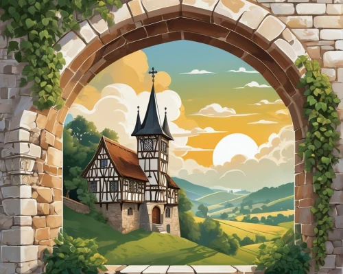 oktoberfest background,vulkaneifel,highstein,fairy tale castle,travel poster,nargothrond,townsmen,french digital background,eltz,eifel,ravensberg,houses clipart,knight village,sonnenburg,fairytale castle,orval,beleriand,citadels,rotenfels,church painting,Unique,Design,Sticker