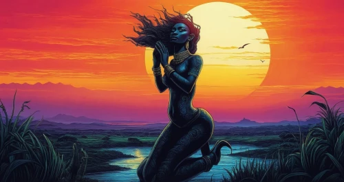 oshun,sekhmet,volou,inanna,sundancer,voodoo woman,nephthys,vodun,ninhursag,woman silhouette,baoshun,shamanic,deodato,moonrise,sun moon,mother earth,skyclad,selene,pumpkinhead,naiad,Illustration,Realistic Fantasy,Realistic Fantasy 25