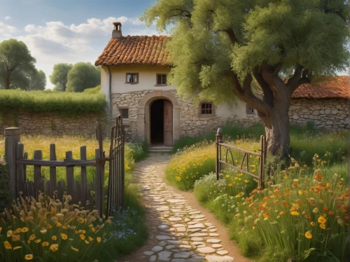 home landscape,provence,country cottage,ancient house,provencal,cottage garden,hobbiton,rural landscape,the threshold of the house,meadow landscape,little house,countryside,country house,farm gate,shire,small house,stone gate,summer cottage,toscane,country estate,Illustration,Realistic Fantasy,Realistic Fantasy 31