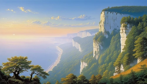 mountain landscape,cliffs ocean,rivendell,mountainous landscape,mountain scene,landscape background,cliffside,high landscape,coastal landscape,mountain and sea,paysage,cliffs,beautiful landscape,limestone cliff,fantasy landscape,cliffsides,canyon,mountain slope,nature landscape,tirith,Conceptual Art,Sci-Fi,Sci-Fi 19