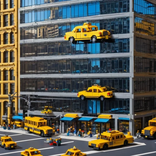 new york taxi,yellow taxi,school buses,schoolbuses,school bus,scrapers,tilt shift,taxicabs,lego city,yellow car,taxis,taxicab,schoolbus,cabs,model buses,yellow and blue,city bus,city corner,taxi cab,micropolis,Illustration,American Style,American Style 02